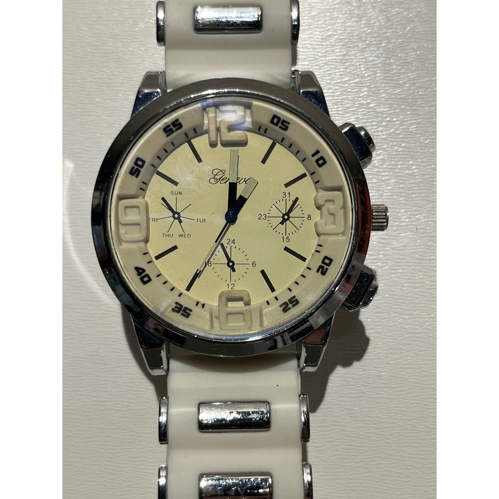 Geneva Quartz Watch White Silicone‎ Strap Cream Dial Multi Dial Sporty Unisex